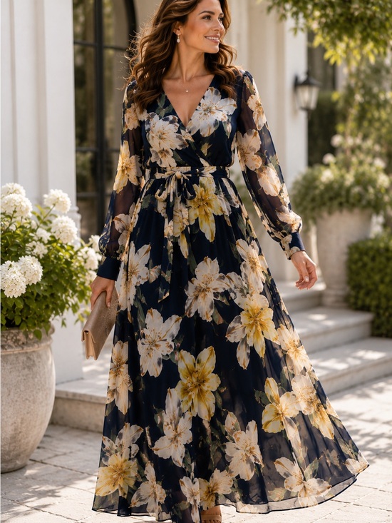 Kate and Lily Woman Dresses & Skirts - Navy Floral Wrap Maxi Dress with Self-Tie Waist